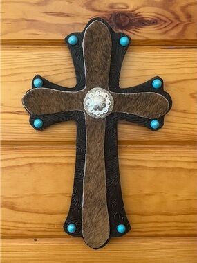Decorative Leather & Hair-on Hide Cross with Turquoise Accents